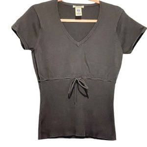 Black V-Neck Knit Short Sleeve Sweater Top with Woven Waist Tie and Ribbed Hem.